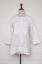 Load image into Gallery viewer, White on white embroidery chikankari cotton kurta button up top.