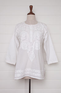 White on white embroidery chikankari cotton kurta button up top.