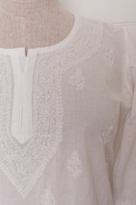 White on white embroidery chikankari cotton kurta top.