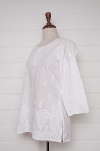 White on white embroidery chikankari cotton kurta top.