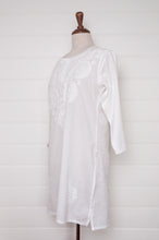 Load image into Gallery viewer, Chikankari white on white embroidered long kurta top.