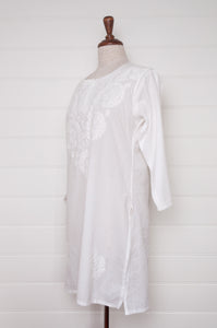 Chikankari white on white embroidered long kurta top.