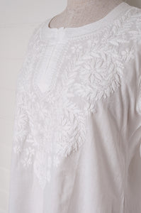 Chikankari white on white embroidered long kurta top.