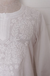 Chikankari white on white embroidered long kurta top.