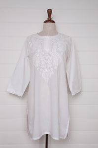 Chikankari white on white embroidered long kurta top.