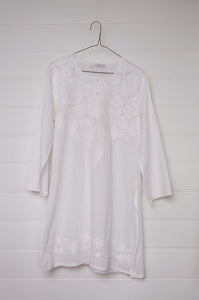 Chikankari white on white embroidered button up long kurta top.