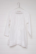 Load image into Gallery viewer, White on white embroidery chikankari cotton kurta button up top.