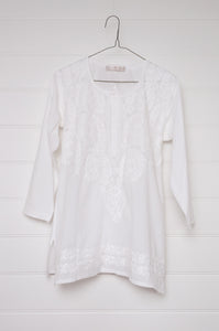 White on white embroidery chikankari cotton kurta button up top.