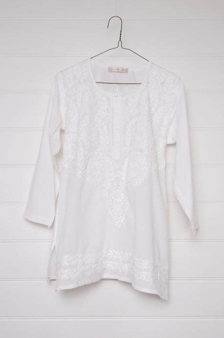 White on white embroidery chikankari cotton kurta button up top.