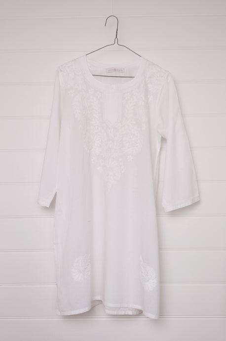 Chikankari white on white embroidered long kurta top.