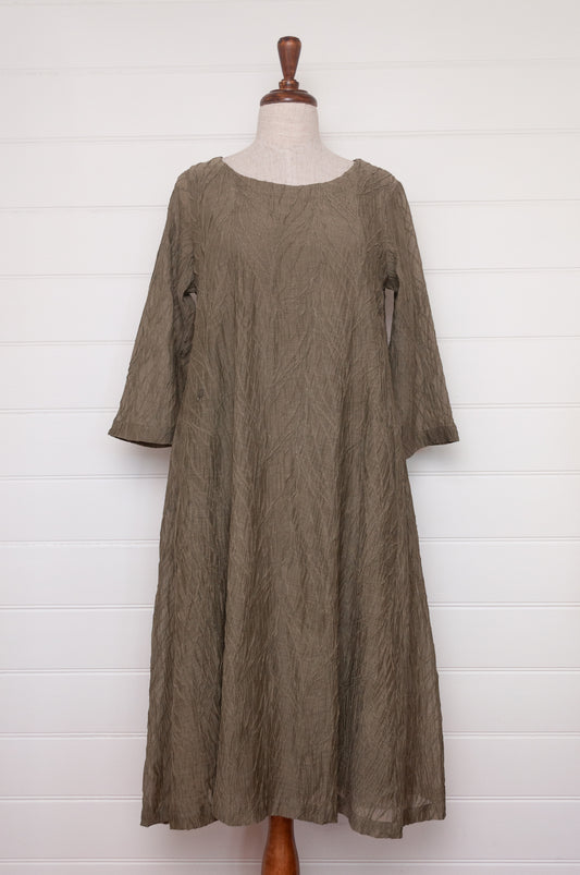 Neeru Kumar silk cotton embroidered dress in olive green.