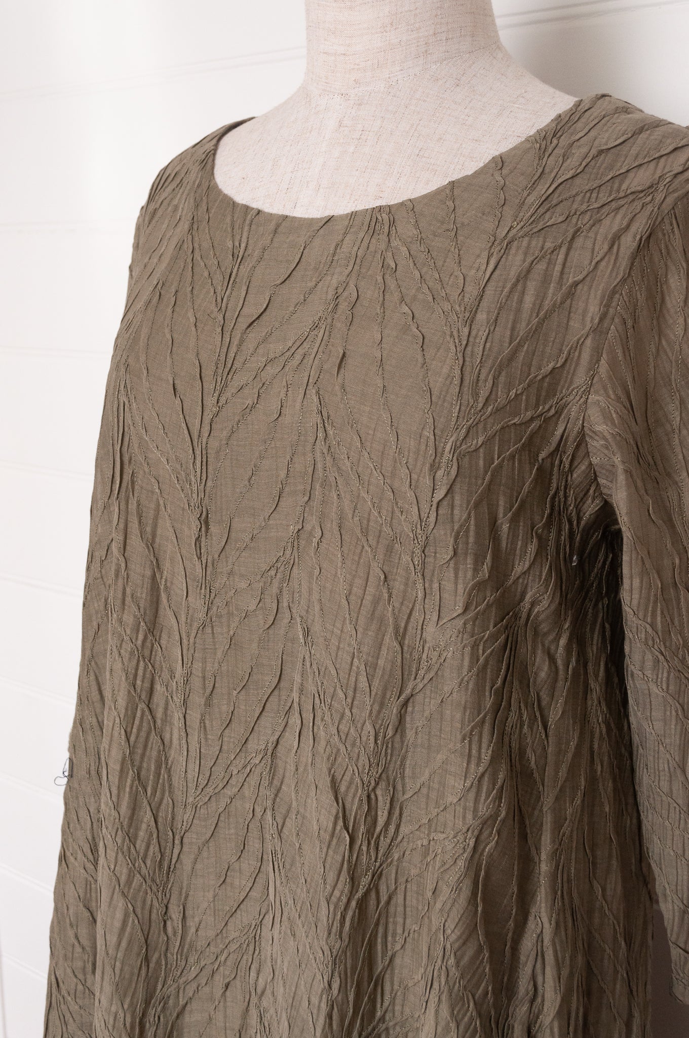 Neeru Kumar silk cotton embroidered dress in olive green.