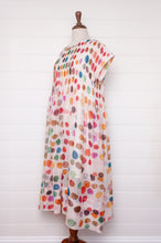 Load image into Gallery viewer, Neeru Kumar fine cotton sun dress with pintucked bodice and cap sleeves. Large multi coloured spots on white.