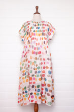 Load image into Gallery viewer, Neeru Kumar fine cotton sun dress with pintucked bodice and cap sleeves. Large multi coloured spots on white.