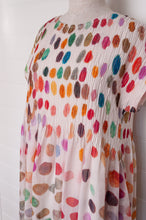 Load image into Gallery viewer, Neeru Kumar fine cotton sun dress with pintucked bodice and cap sleeves. Large multi coloured spots on white.