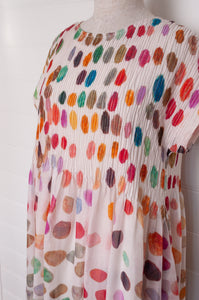 Neeru Kumar fine cotton sun dress with pintucked bodice and cap sleeves. Large multi coloured spots on white.