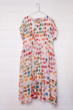 Load image into Gallery viewer, Neeru Kumar fine cotton sun dress with pintucked bodice and cap sleeves. Large multi coloured spots on white.