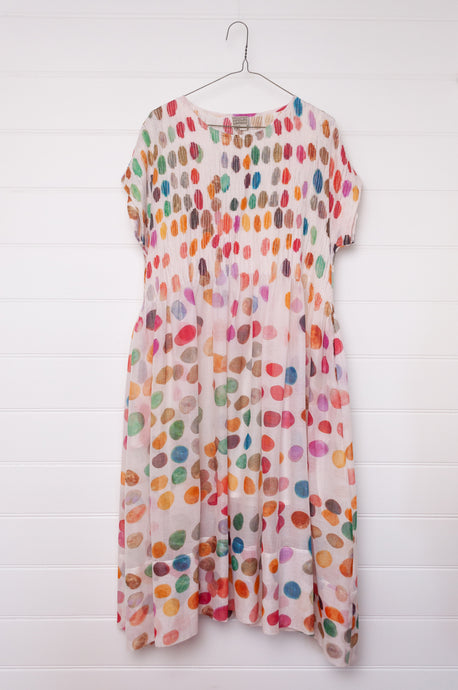 Neeru Kumar fine cotton sun dress with pintucked bodice and cap sleeves. Large multi coloured spots on white.