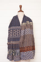 Load image into Gallery viewer, Made in France organic cotton jacquard weave Letol scarf, Gontrand in bleu chocolate, blue and chocolate brown.