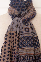 Load image into Gallery viewer, Made in France organic cotton jacquard weave Letol scarf, Gontrand in bleu chocolate, blue and chocolate brown.