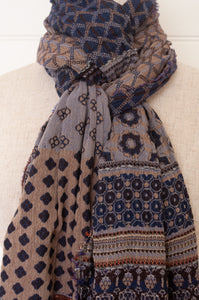 Made in France organic cotton jacquard weave Letol scarf, Gontrand in bleu chocolate, blue and chocolate brown.