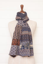 Load image into Gallery viewer, Made in France organic cotton jacquard weave Letol scarf, Gontrand in bleu chocolate, blue and chocolate brown.