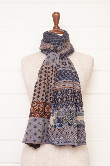 Made in France organic cotton jacquard weave Letol scarf, Gontrand in bleu chocolate, blue and chocolate brown.