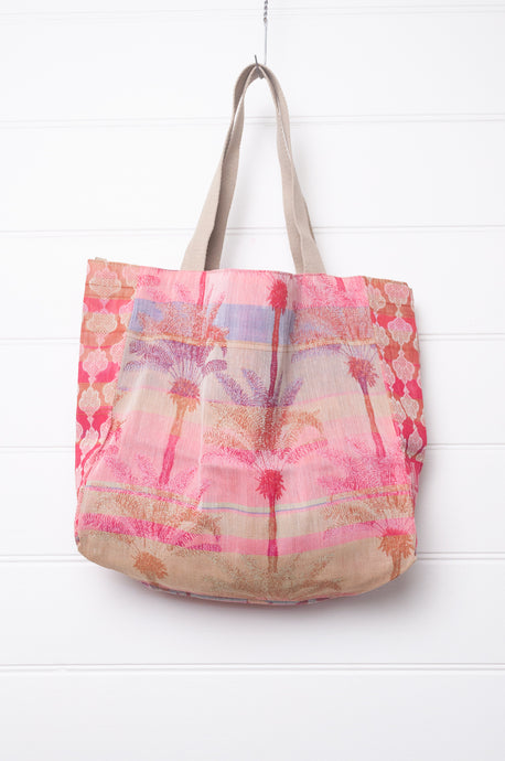  Medium Letol organic cotton bag made in France, Amira Egyptian print in rose pink, floral print in magenta pink on the reverse.