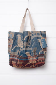 Medium Letol organic cotton bag made in France, Carine print in teal and burgundy, spot print on the reverse.