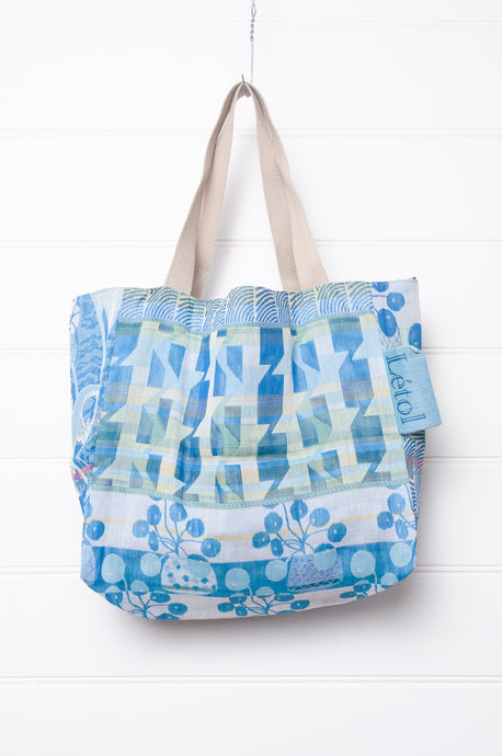 Medium Letol organic cotton bag made in France, Celine print in shades of sky blue, spot print on the reverse.