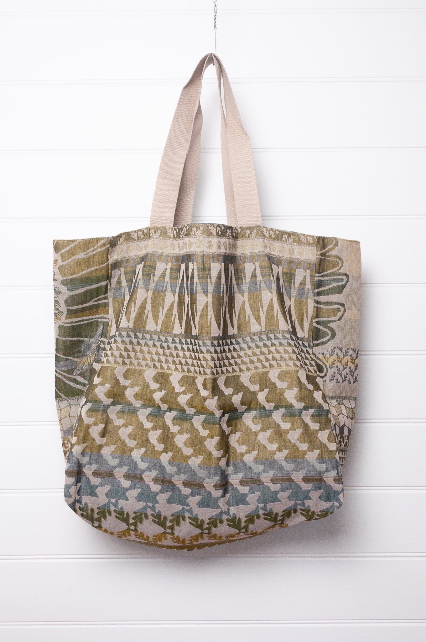 Large Letol organic cotton bag made in France, Willy print in shades of lime green, Olympe on the reverse.