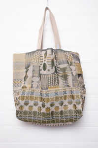 Large Letol organic cotton bag made in France, Willy print in shades of lime green, Olympe on the reverse.