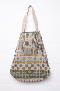 Large Letol organic cotton bag made in France, Willy print in shades of lime green, Olympe on the reverse.