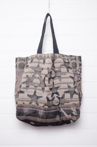 Large Letol organic cotton bag made in France, Olympe print in smoke grey, Casimir houndstooth on the reverse.