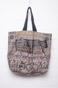 Large Letol organic cotton bag made in France, Olympe print in smoke grey, Casimir houndstooth on the reverse.