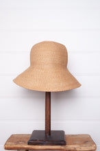 Load image into Gallery viewer, Parcnique Alma paper hat made in Japan PCNQ, natural with blue ribbon tie.