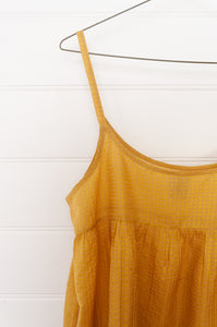 Dve Diti slip dress in amber yellow cotton silk check.