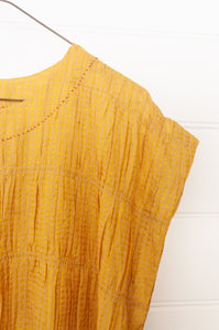 Dve one size cotton silk check Mira dress with gathered bodice in amber yellow.