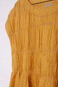 Dve one size cotton silk check Mira dress with gathered bodice in amber yellow.