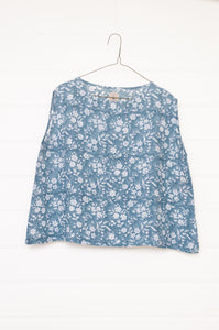 Dve one size Aishani sleeveless top in Aegean blue bliockprint floral linen.