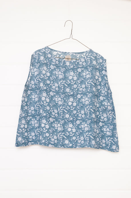 Dve one size Aishani sleeveless top in Aegean blue bliockprint floral linen.