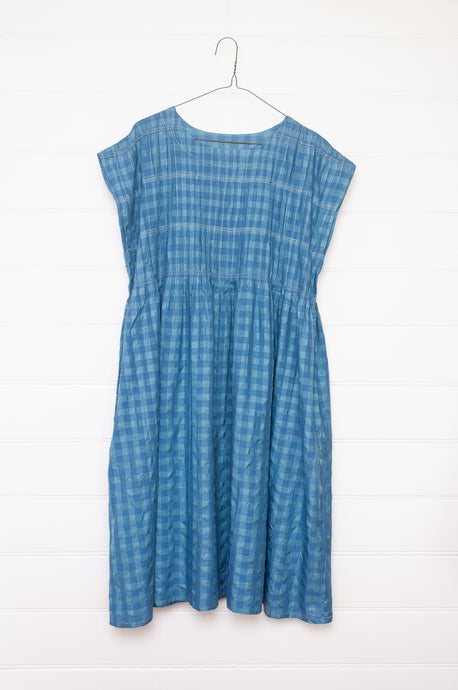 Dve one size cotton silk check Mira dress with gathered bodice in Parisian blue.