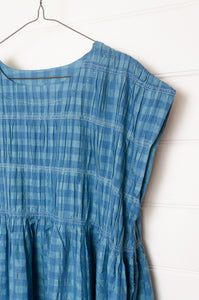 Dve one size cotton silk check Mira dress with gathered bodice in Parisian blue.