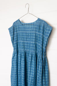 Dve one size cotton silk check Mira dress with gathered bodice in Parisian blue.