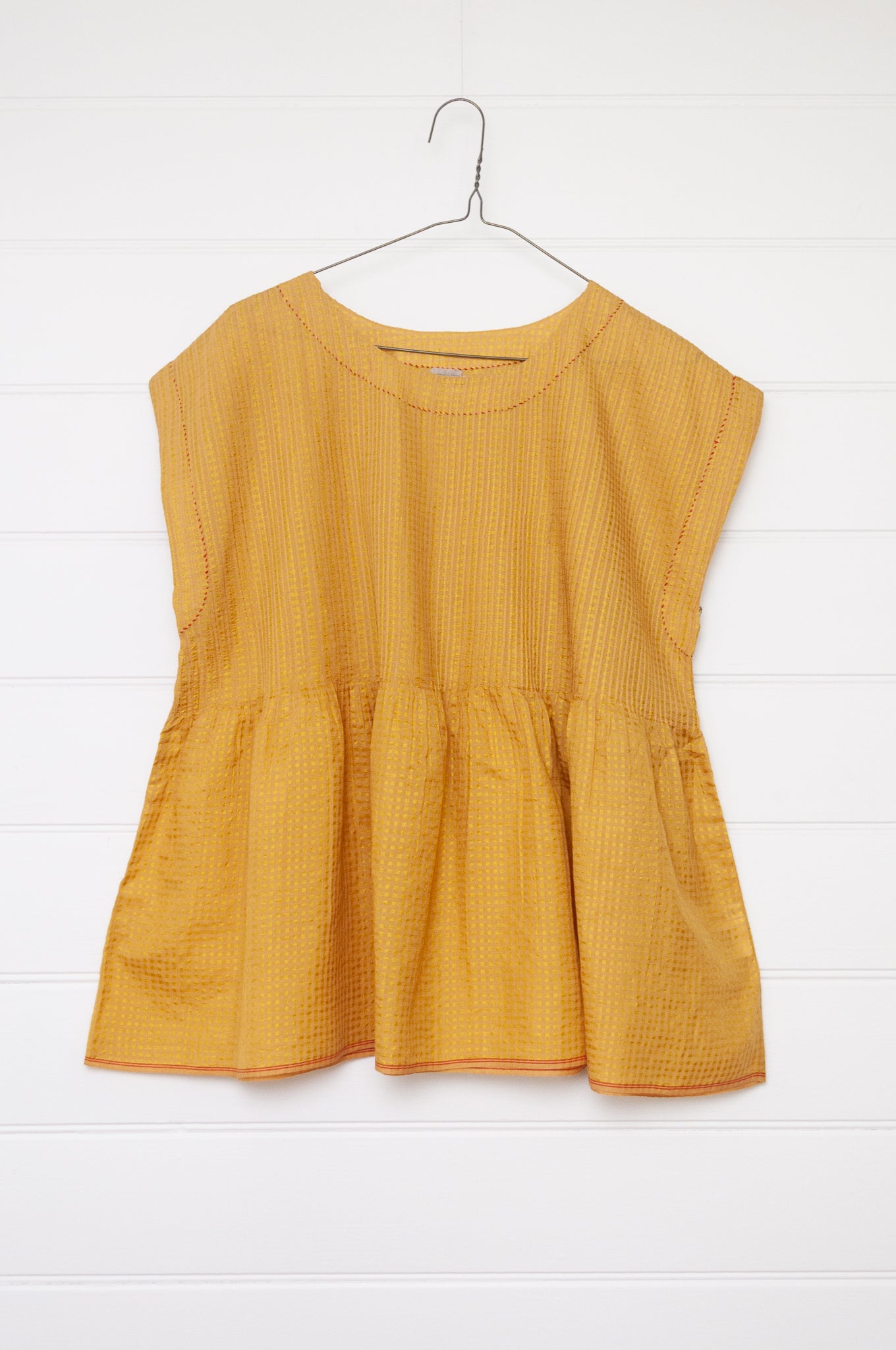 Dve one size cotton silk Rima top sleeveless with pintucked bodice in amber yellow.