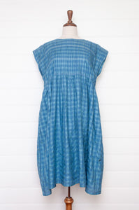 Dve one size cotton silk check Mira dress with gathered bodice in Parisian blue.