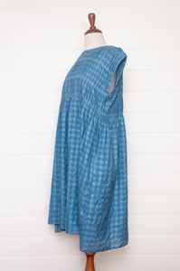 Dve one size cotton silk check Mira dress with gathered bodice in Parisian blue.