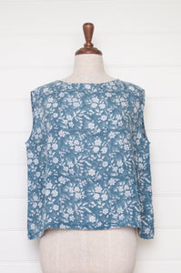 Dve one size Aishani sleeveless top in Aegean blue bliockprint floral linen.