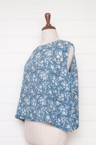 Dve one size Aishani sleeveless top in Aegean blue bliockprint floral linen.