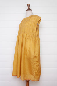 Dve one size cotton silk check Mira dress with gathered bodice in amber yellow.